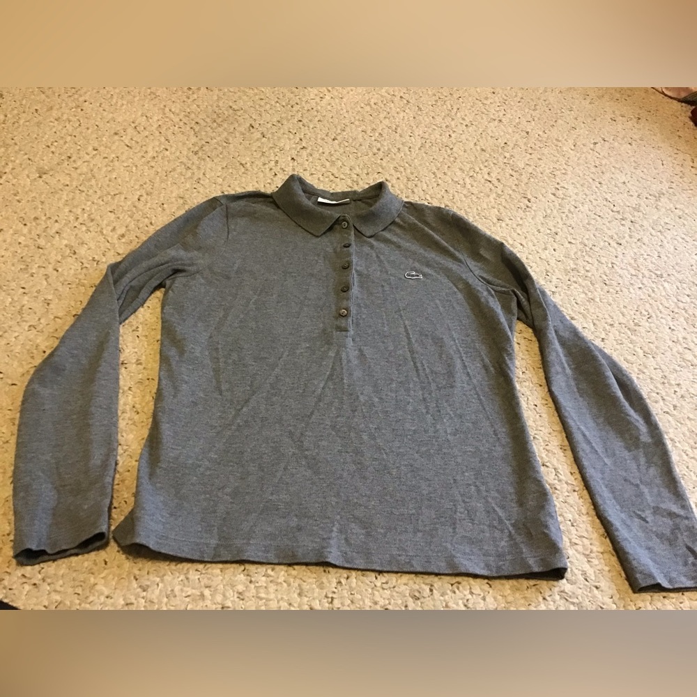 LACOSTE WOMENS 44 SLIM FIT GREY LONG SLEEVE POLO SHIRT GUC